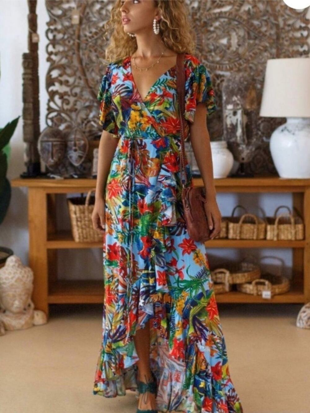 Bali Elf Tropical Carmen Wrap Maxi Dress S/M NWT